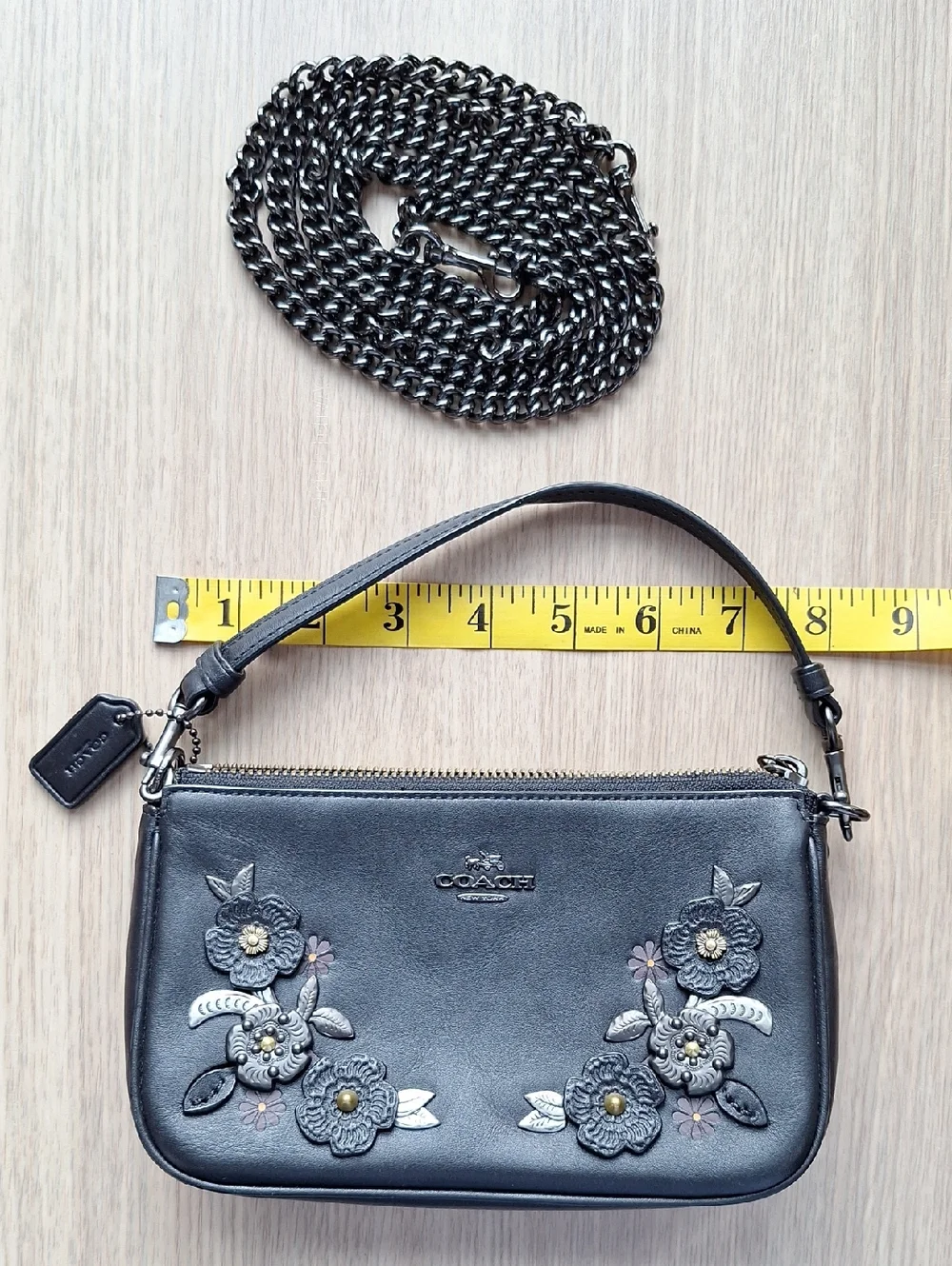 Coach Black Leather Floral Appliqué Chain Crossbody Bag